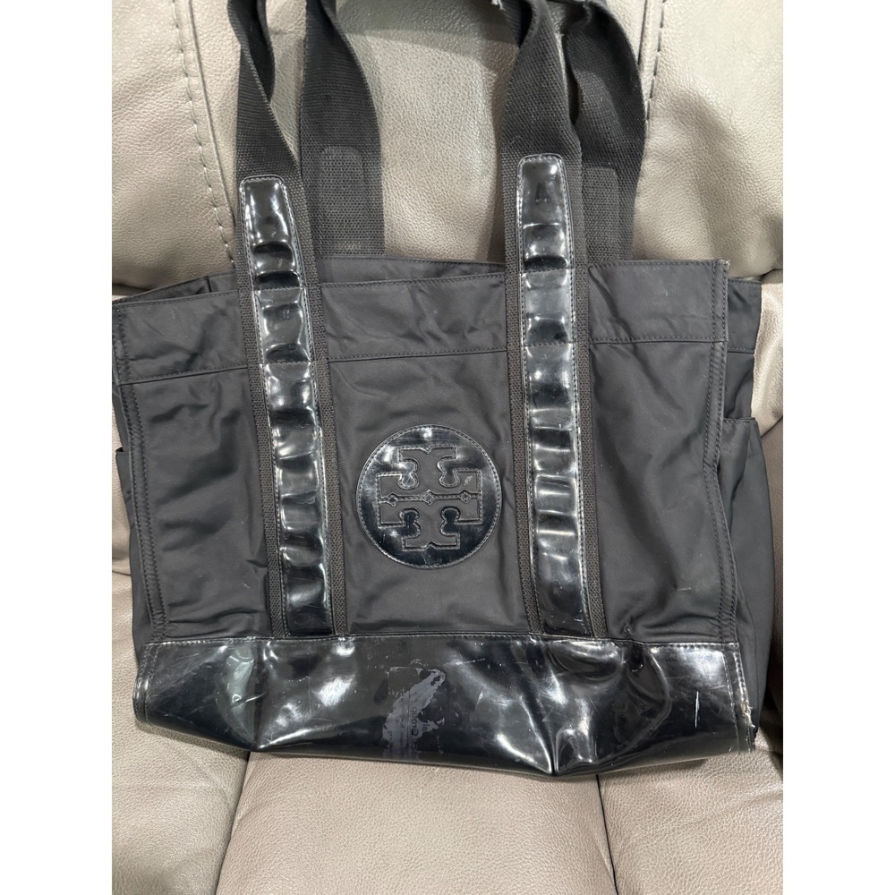 Tory Burch‎ Black Nylon Tote Bag Purse Shoulder Bag Designer Carryall see pic